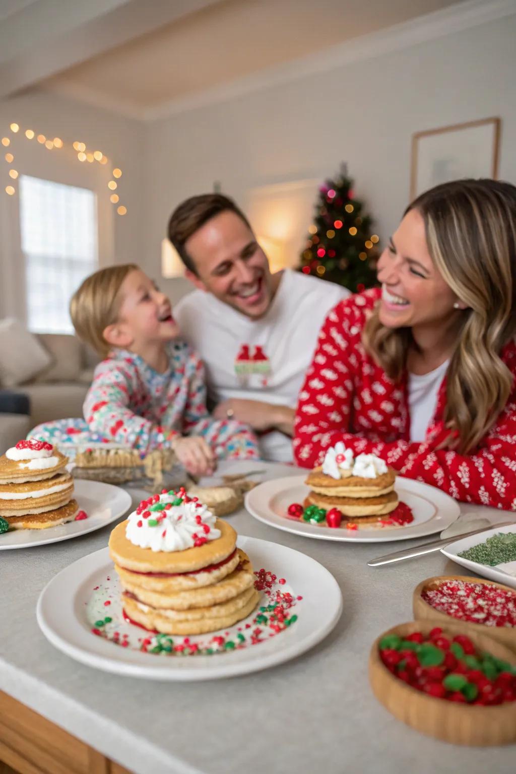 A festive breakfast scene with pancakes and happy family moments.