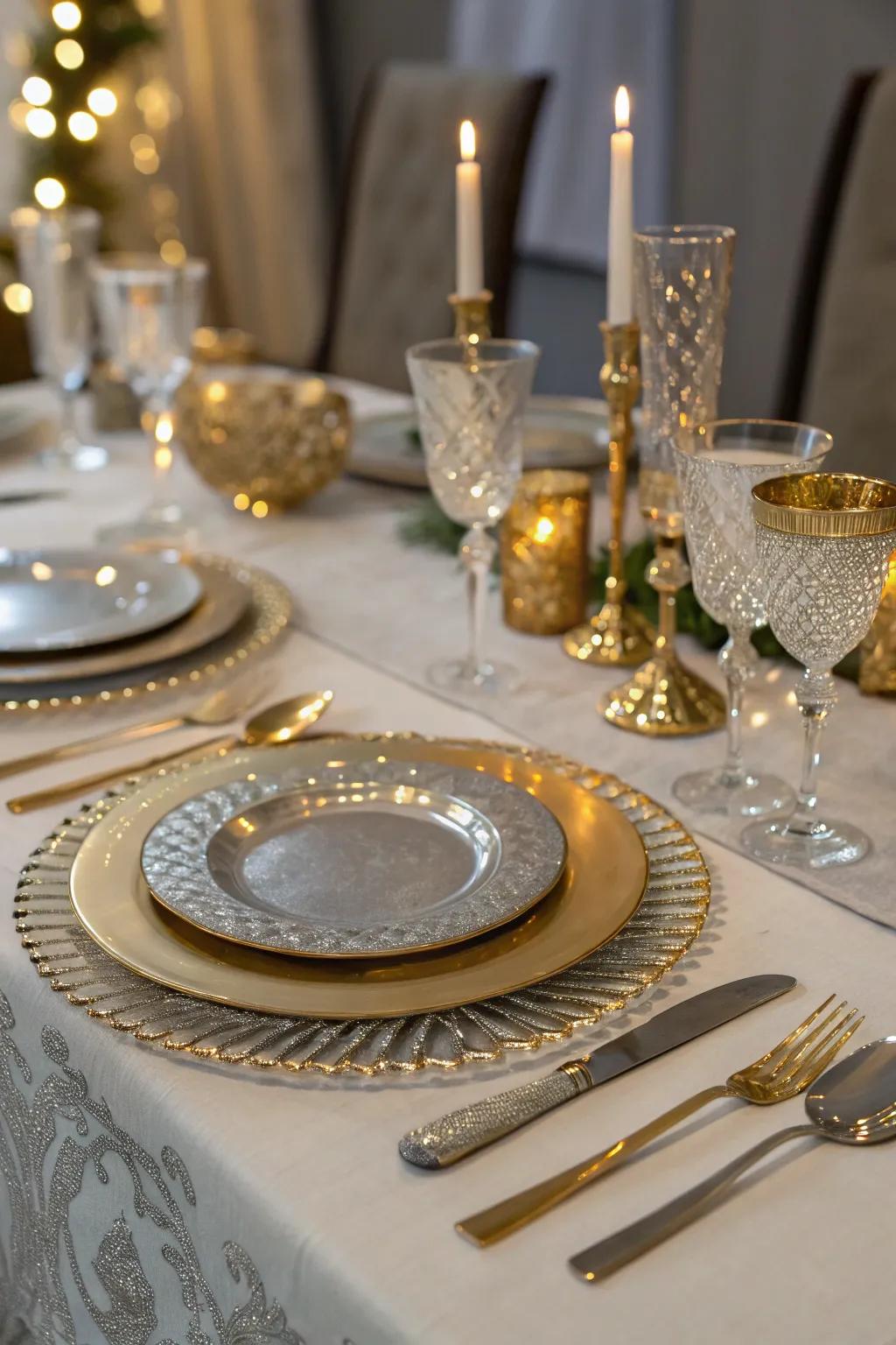 A glamorous metallic table setting with sparkling details.