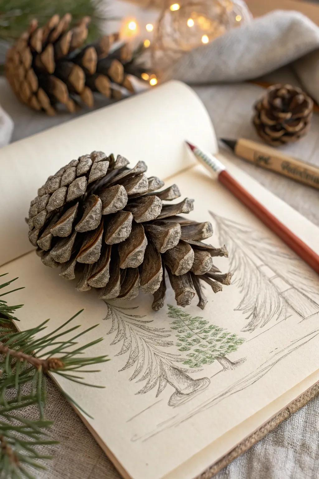 A detailed pinecone sketch, bringing nature into your holiday art.