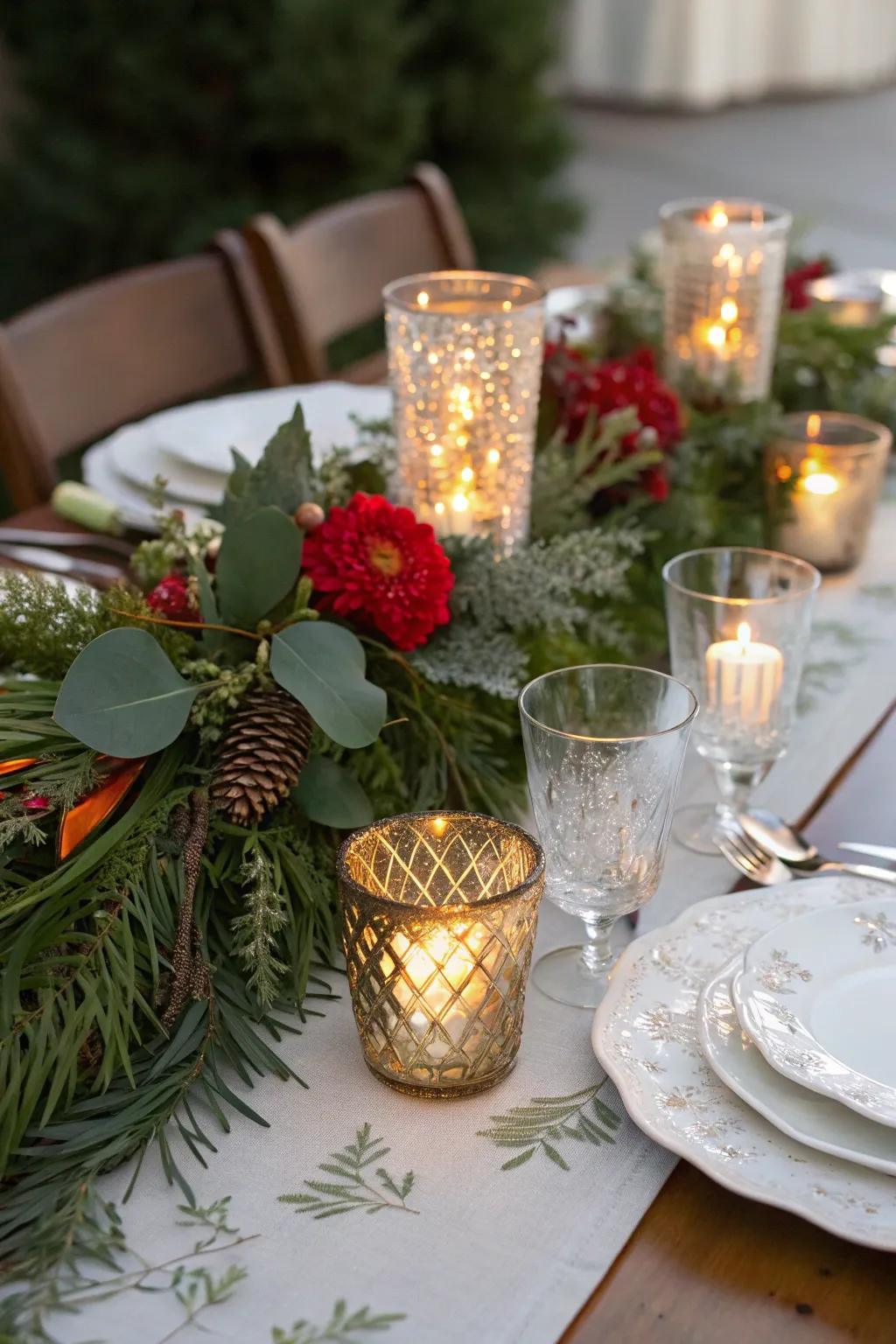 Silver and greenery add elegance and shine to your table.