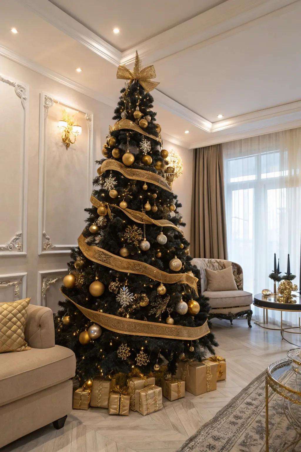 Achieve luxury with a glamorous black and gold Christmas tree.