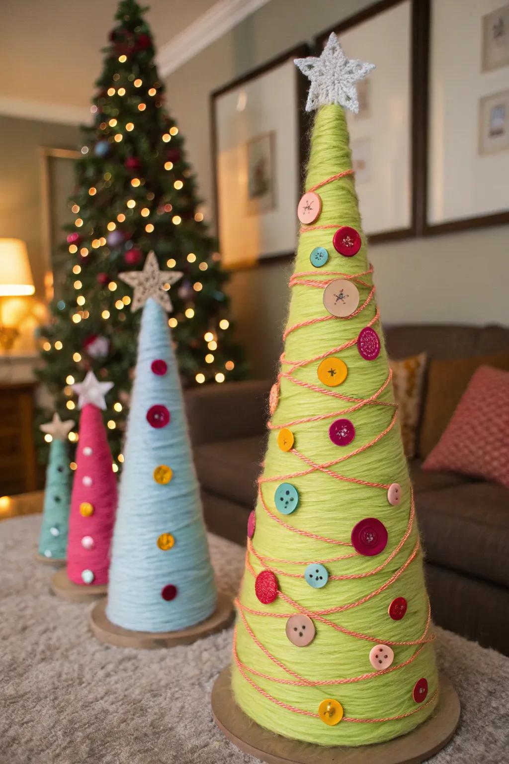 Whimsical cone trees add a playful touch to holiday decor.