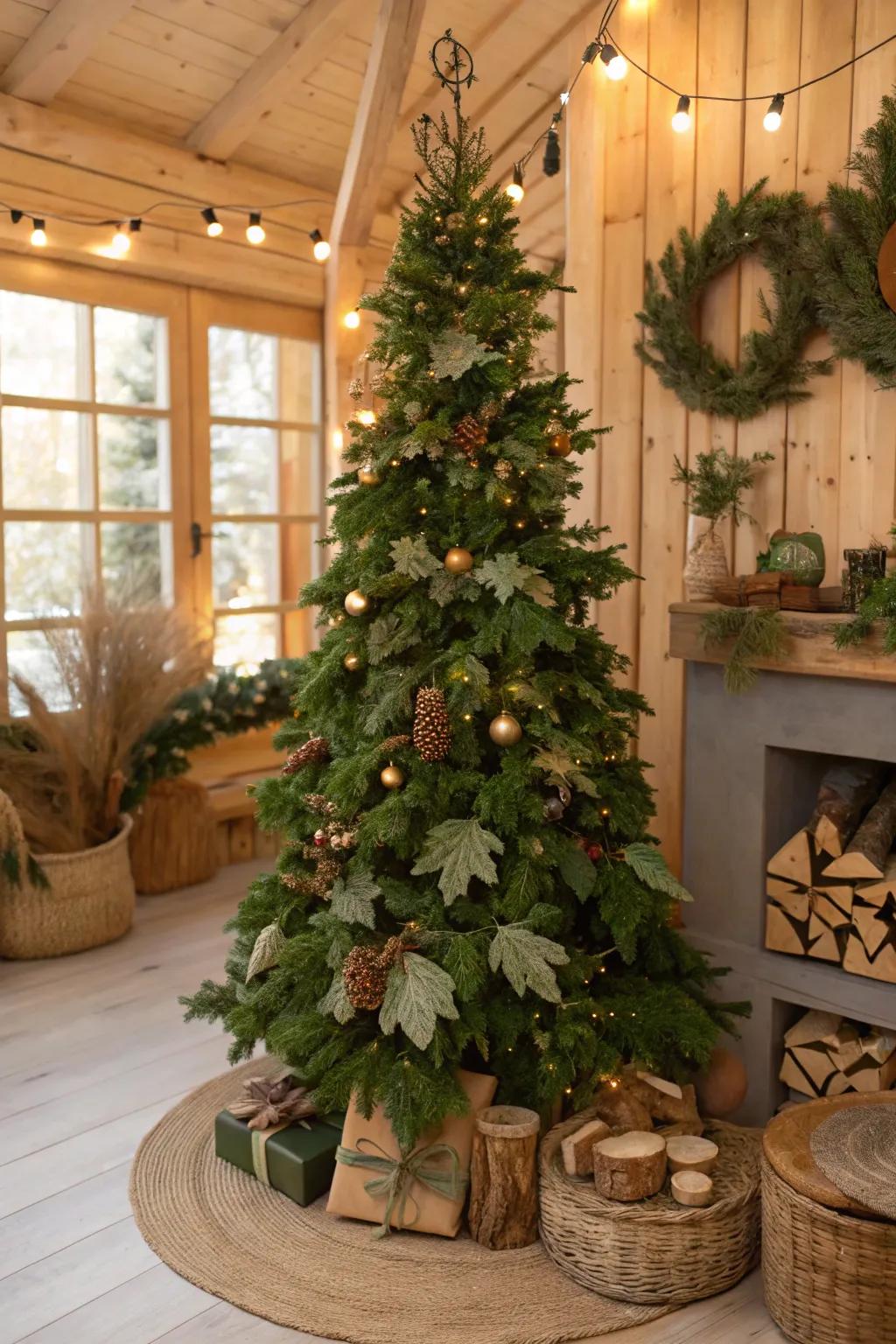 A nature-inspired Christmas tree with leaf garlands