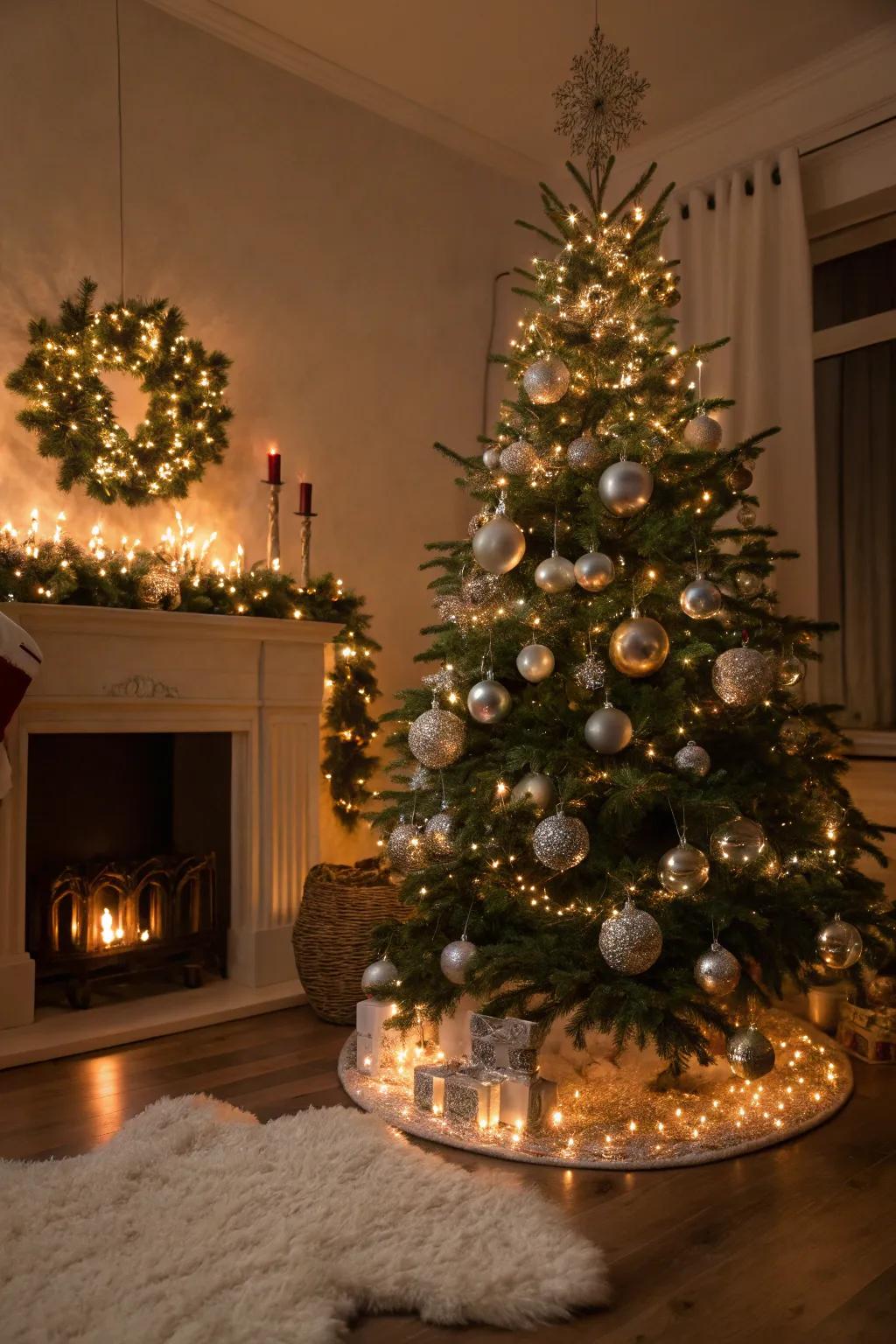 Reflective ornaments amplifying the shine of a Christmas tree.