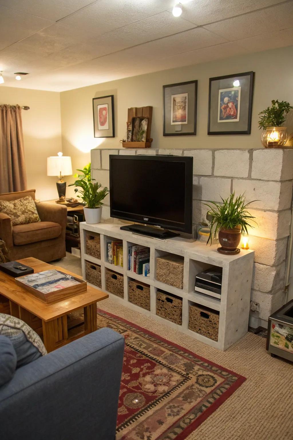 A modular cinder block TV stand offers flexibility and adaptability in this family room.