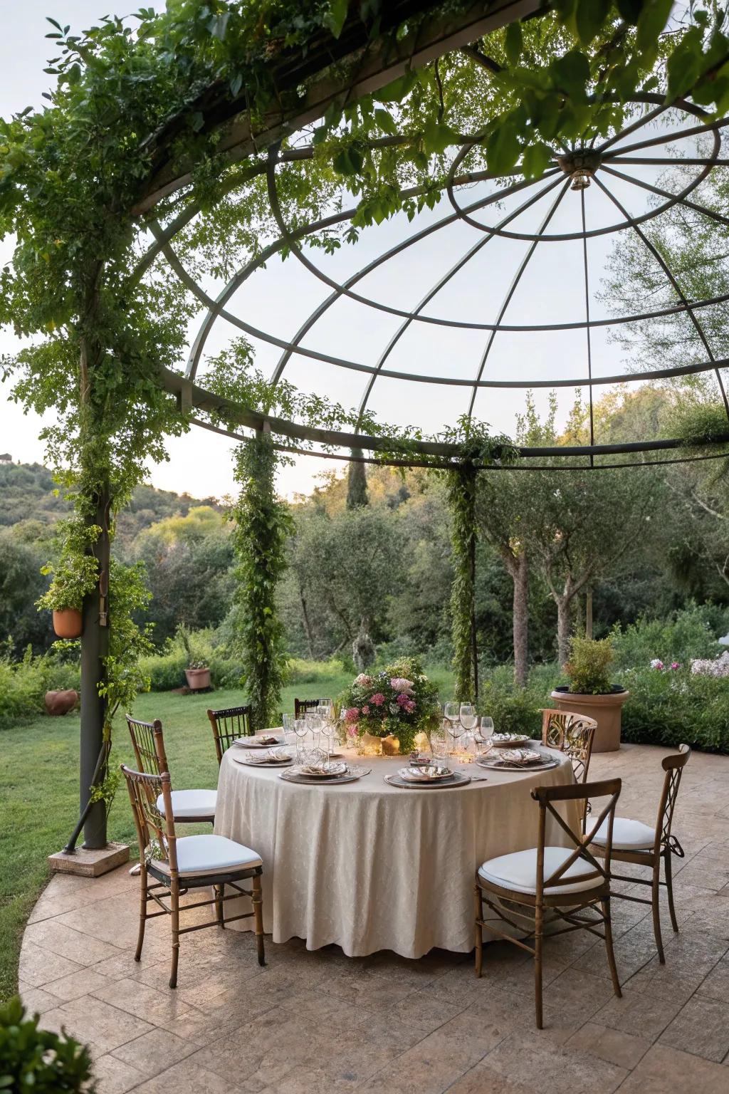 An open-air dining pergola transforms meals into a nature-filled experience.