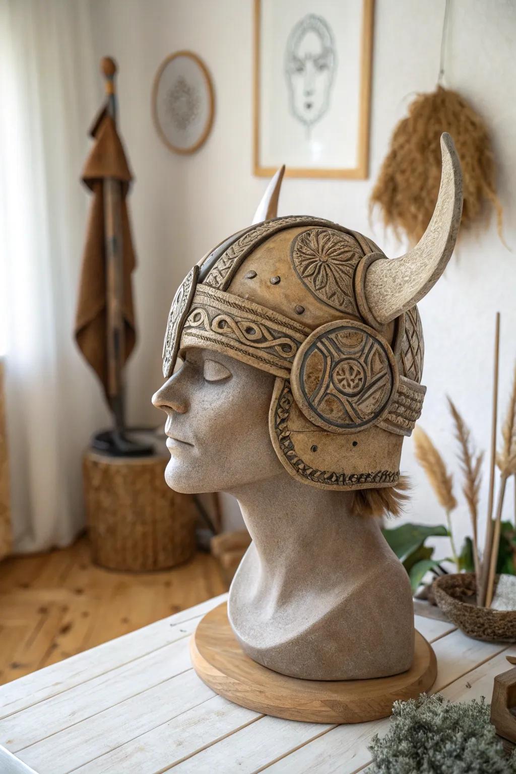 Explore the allure of fantasy with this exquisitely crafted Viking-inspired clay helmet, merging minimalist elegance with mythical charm.
