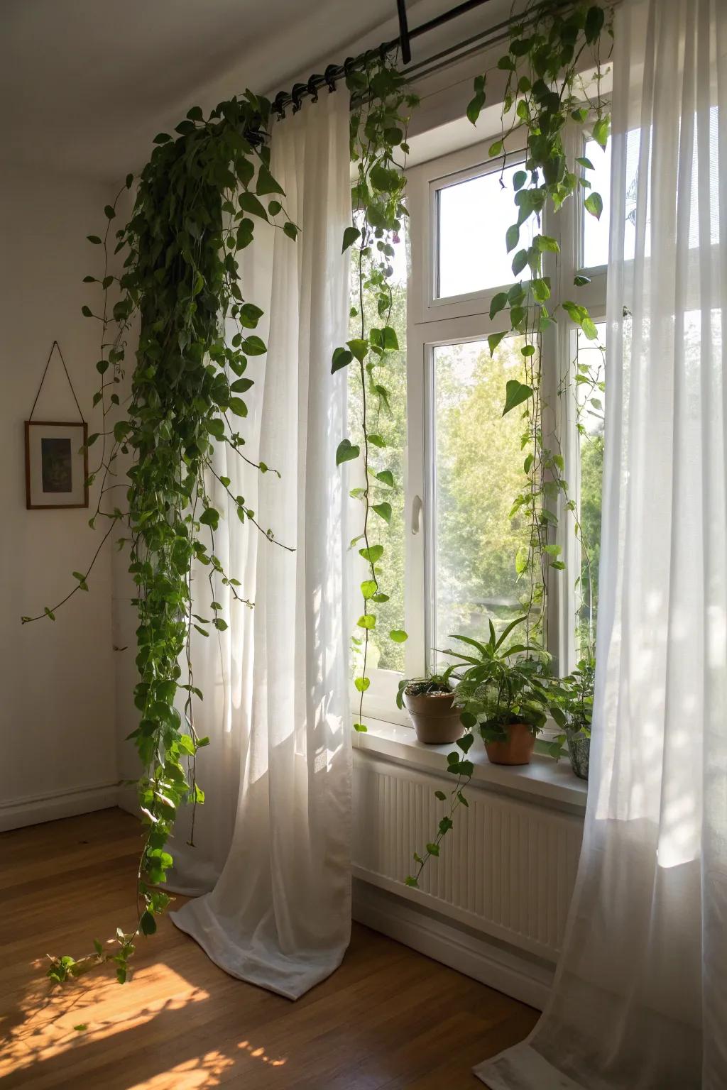 Hanging plant curtains add privacy and greenery.