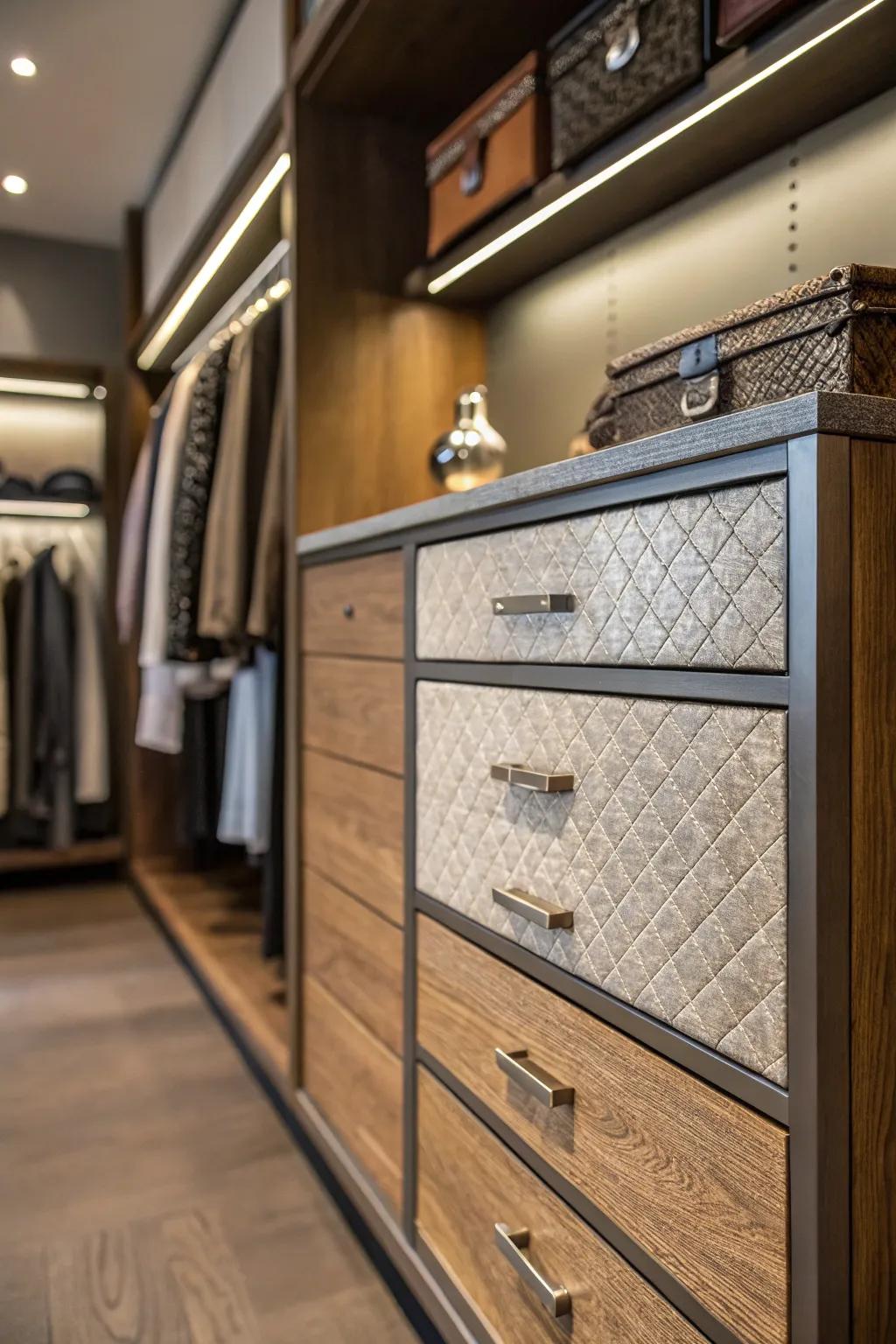 A dresser with mixed materials, adding depth and texture to a closet.