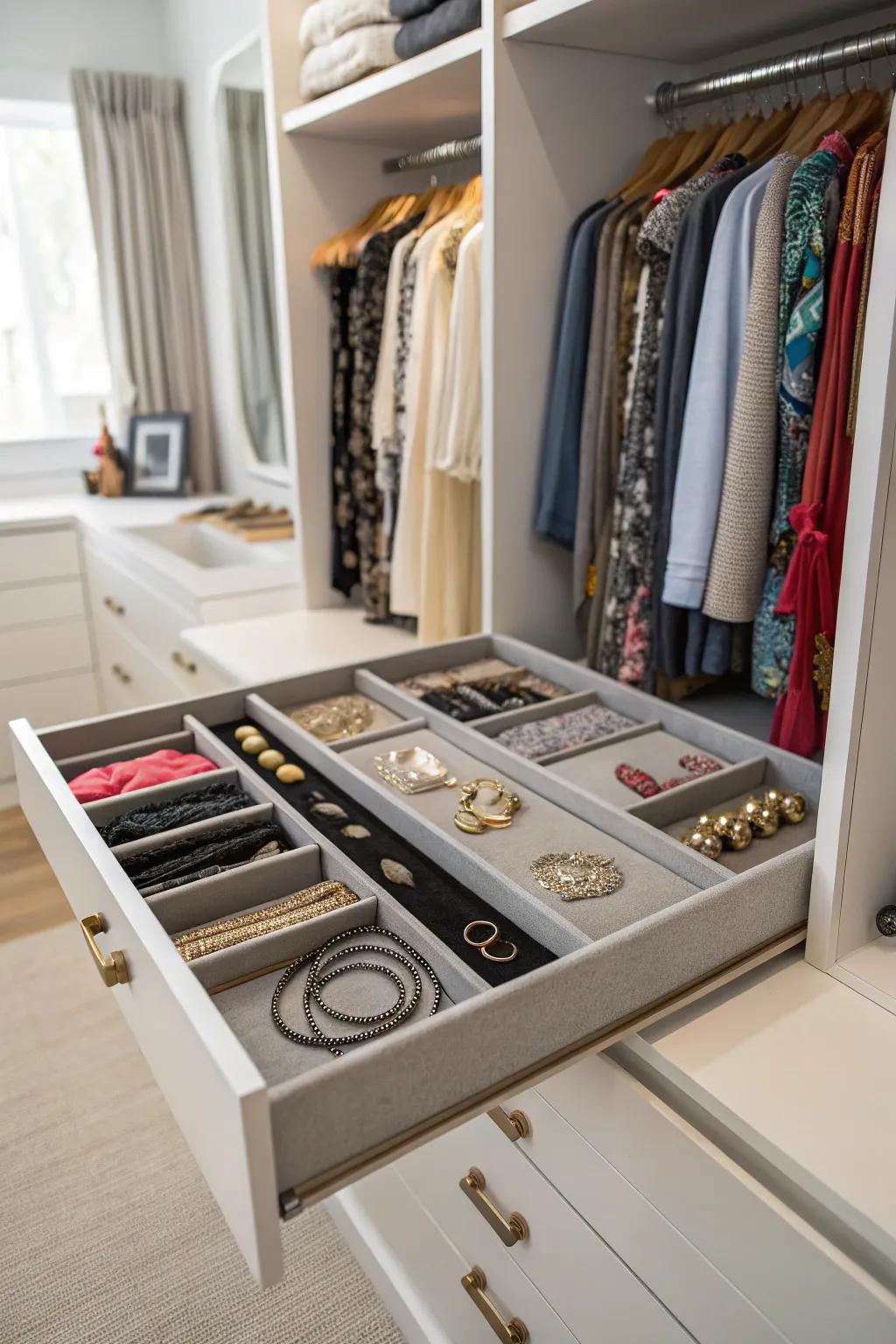 A closet featuring pull-out trays for neatly organizing accessories.