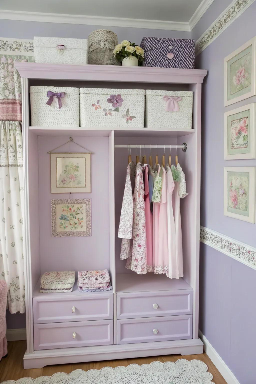 Soft pastels provide a tranquil and gentle closet ambiance.