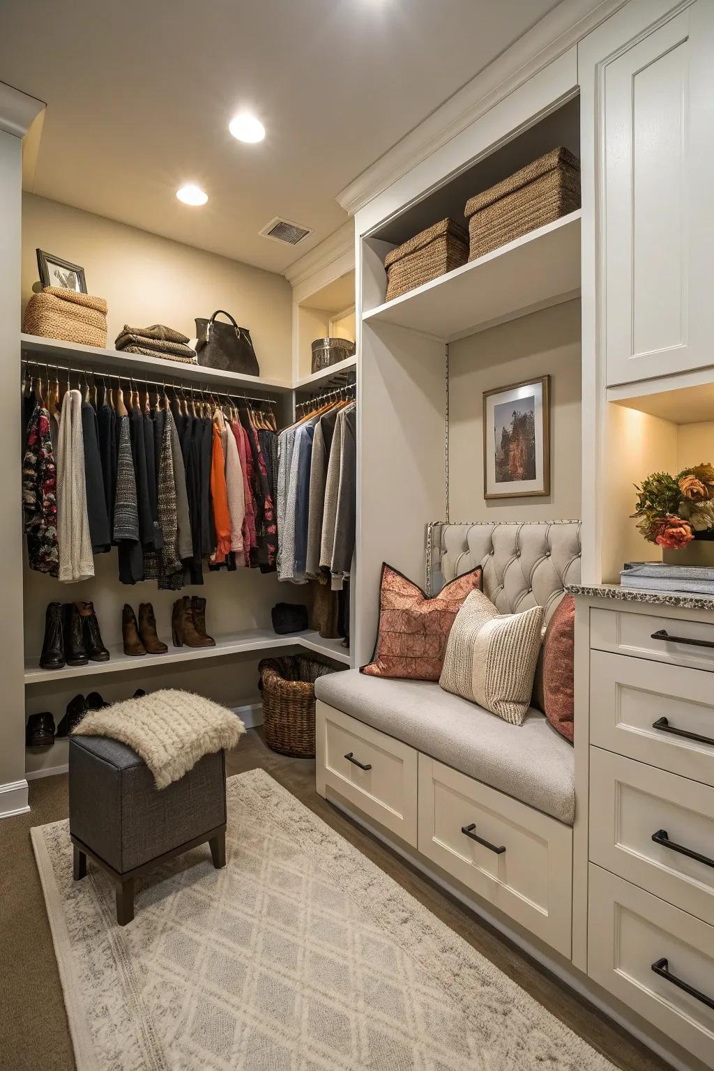 Built-in seating provides comfort and adds a boutique feel to your closet.