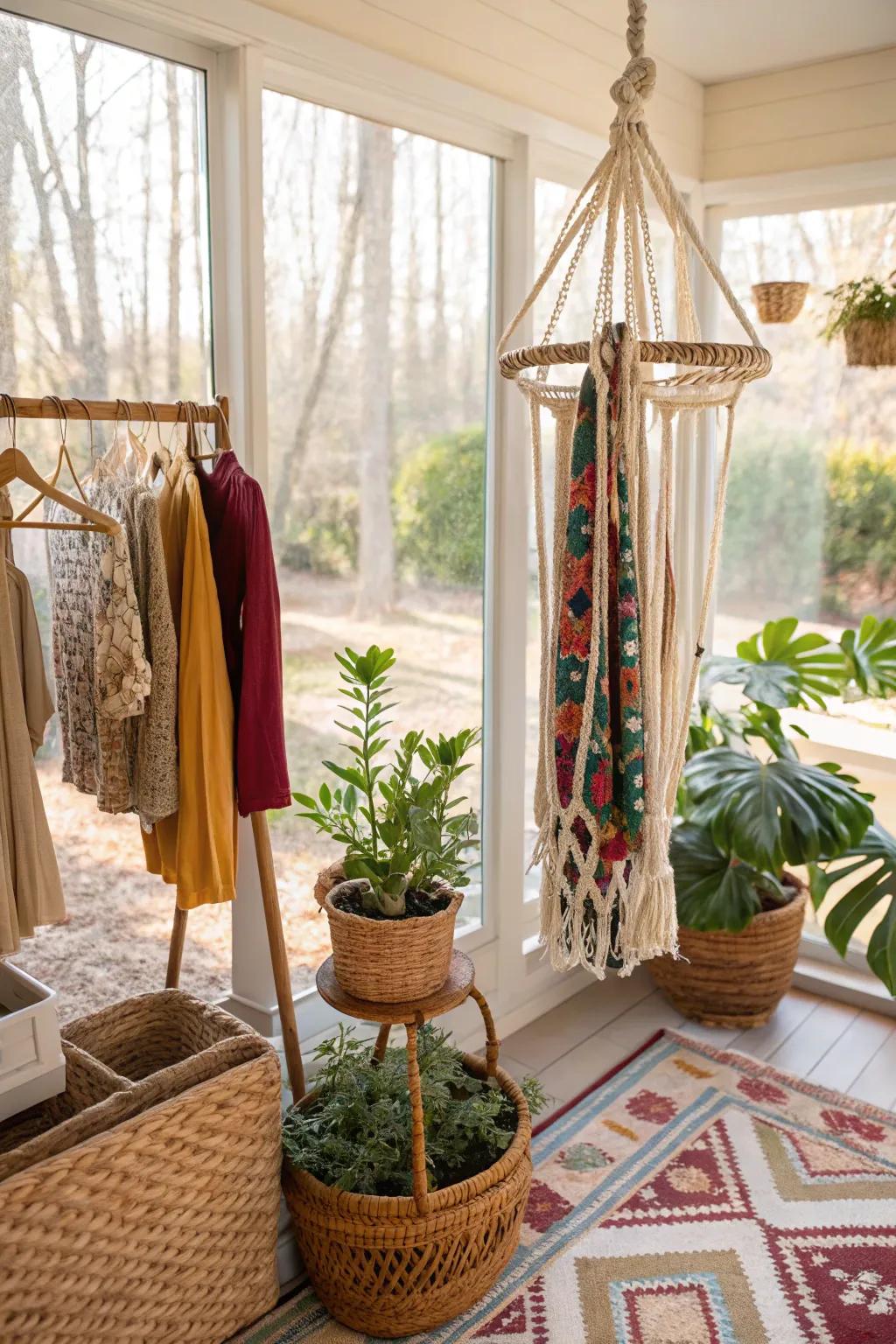 A macrame plant hanger creatively used for hanging accessories.