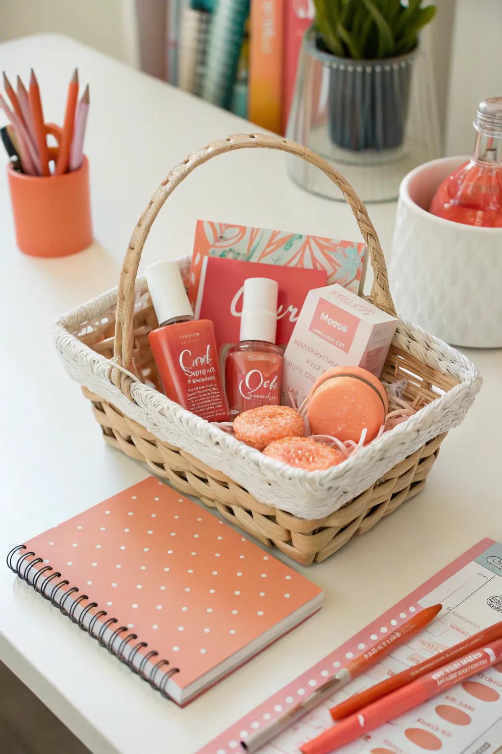 Bring joy with a cheery coral-themed gift basket.