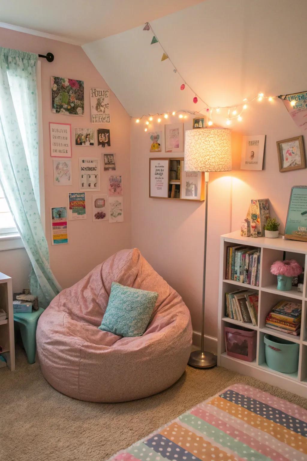 A cozy reading nook with a beanbag and lamp provides a peaceful retreat in this girls' room.