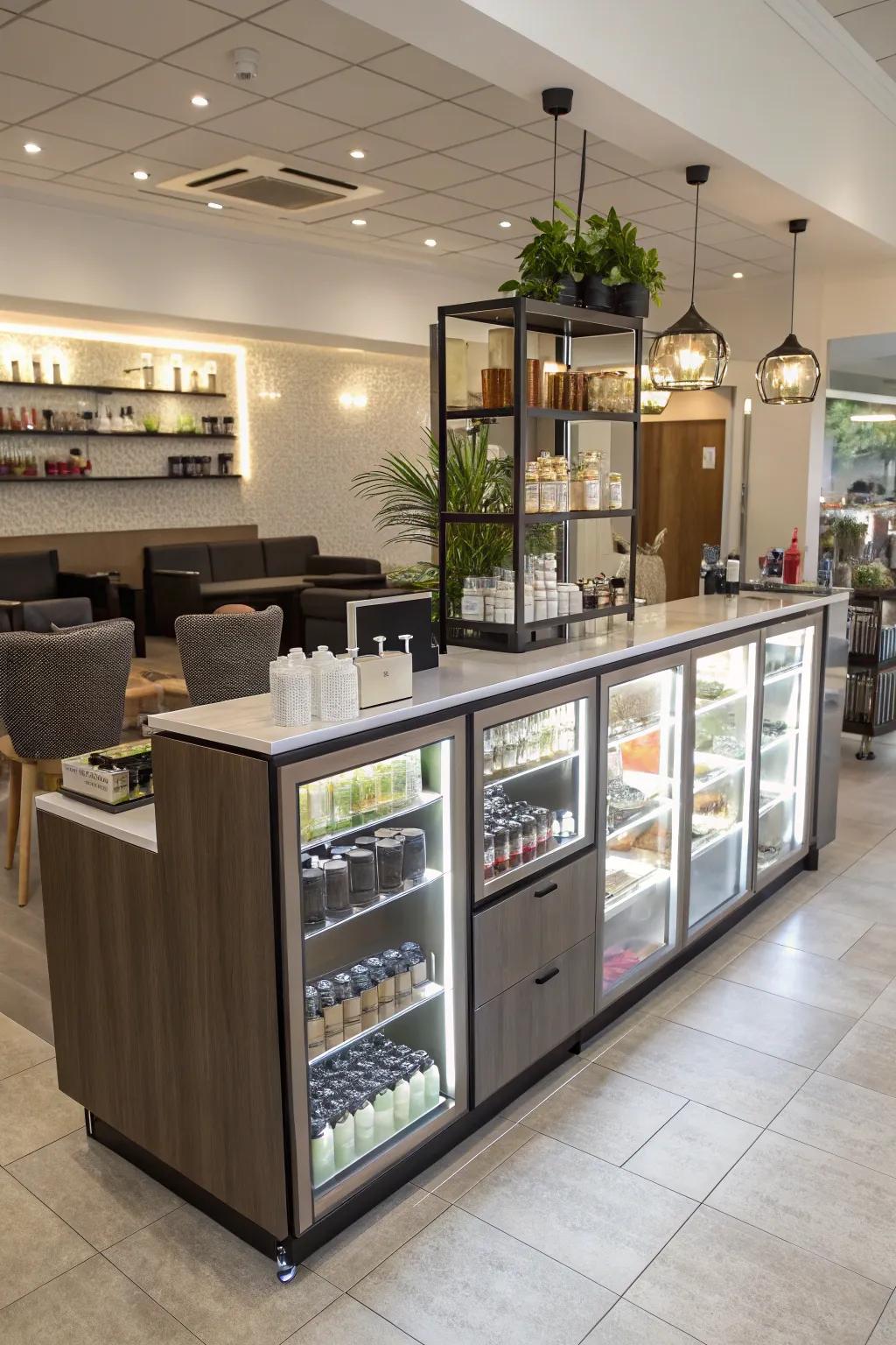 A multifunctional salon bar with integrated storage and display solutions.