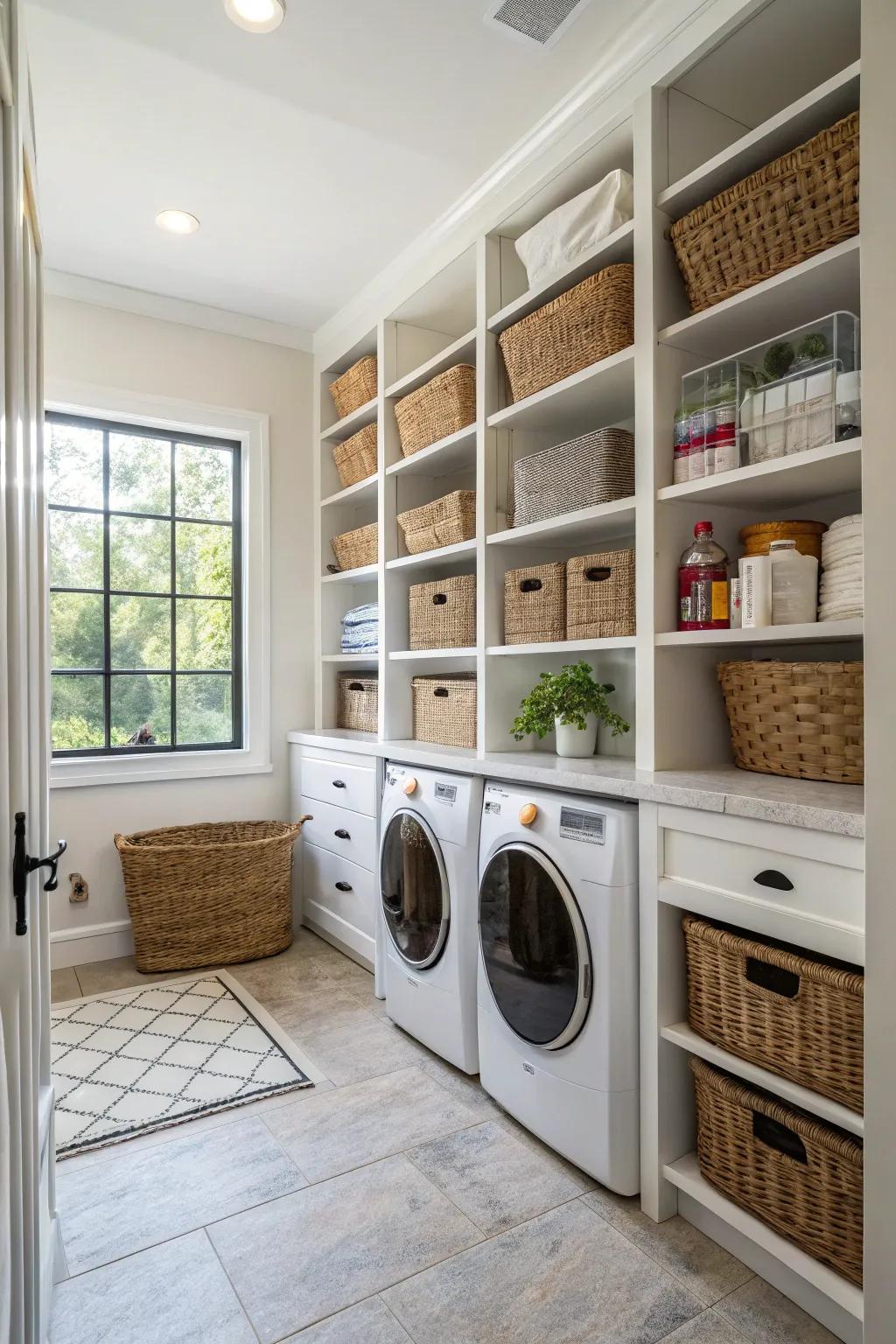 Alternating storage solutions on open shelves add both function and style.