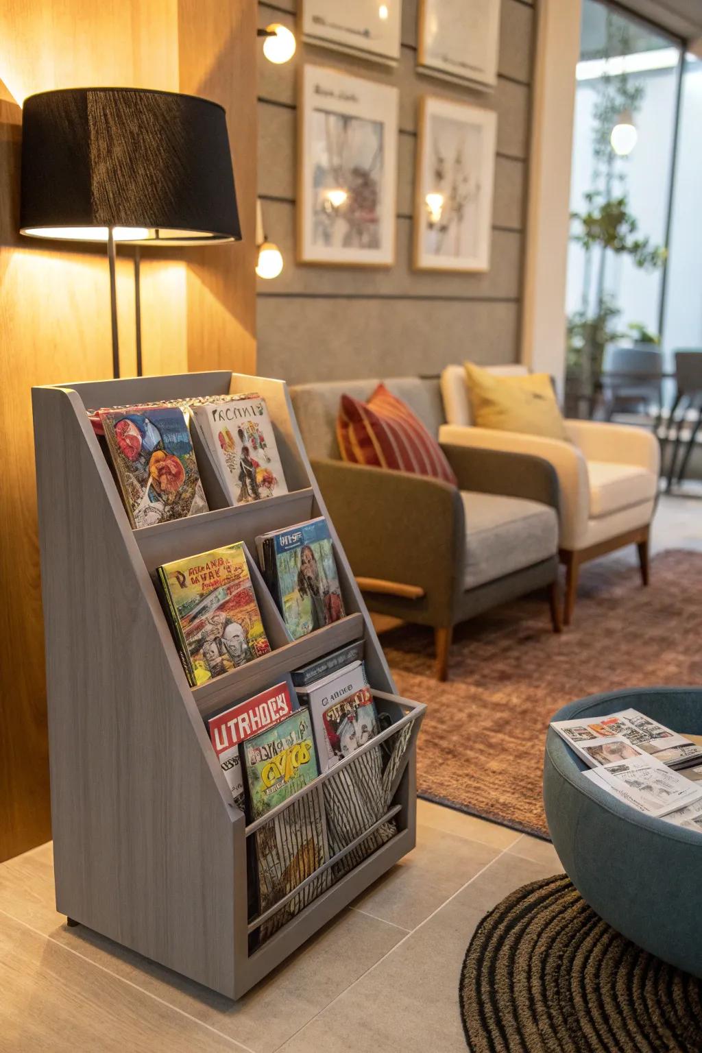 Magazine racks offer elegant and accessible comic storage.