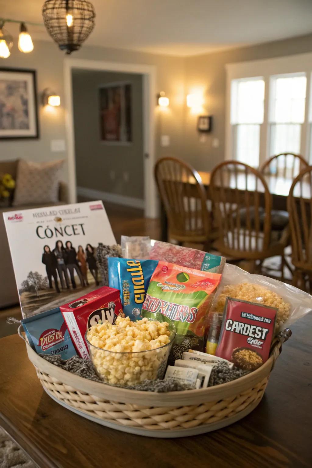 A themed gift basket containing concert tickets.