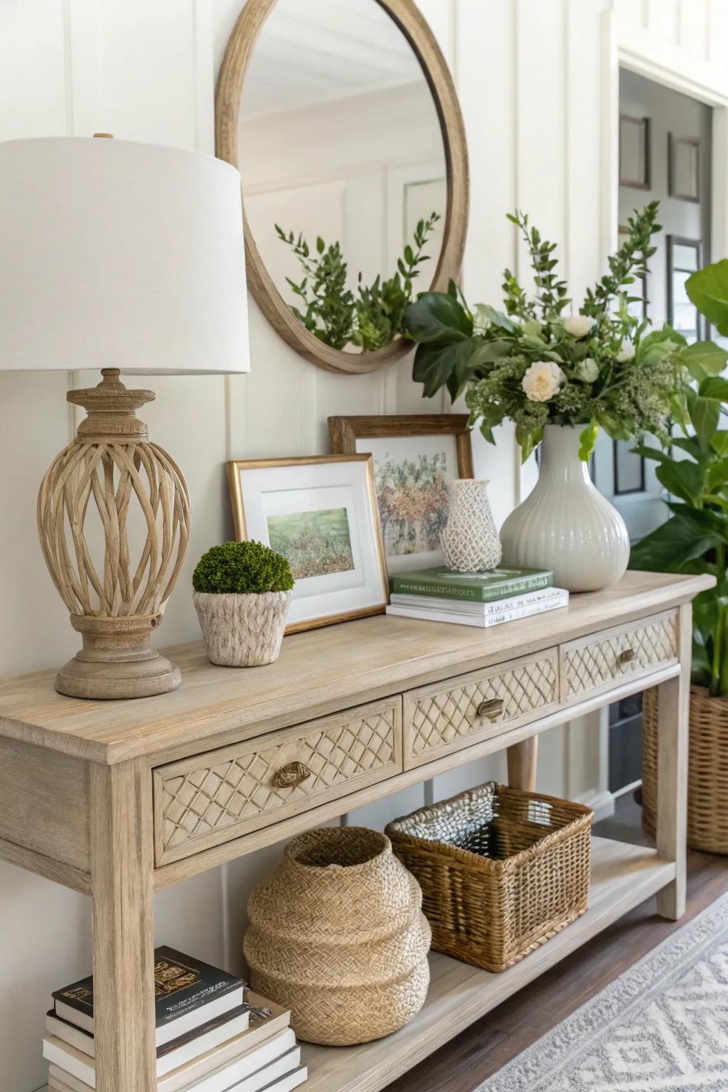 A light and bright console table setup with neutral decor.