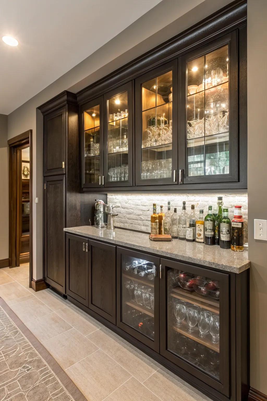 A home bar seamlessly integrated with kitchen cabinetry.