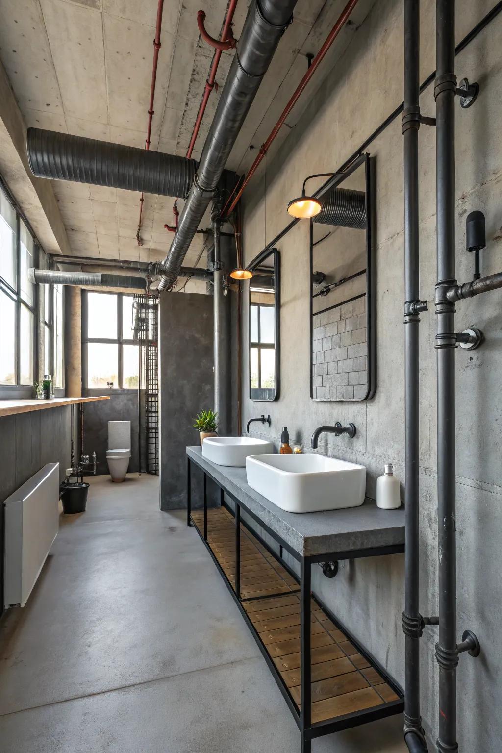 Industrial elements like exposed pipes add a modern edge.