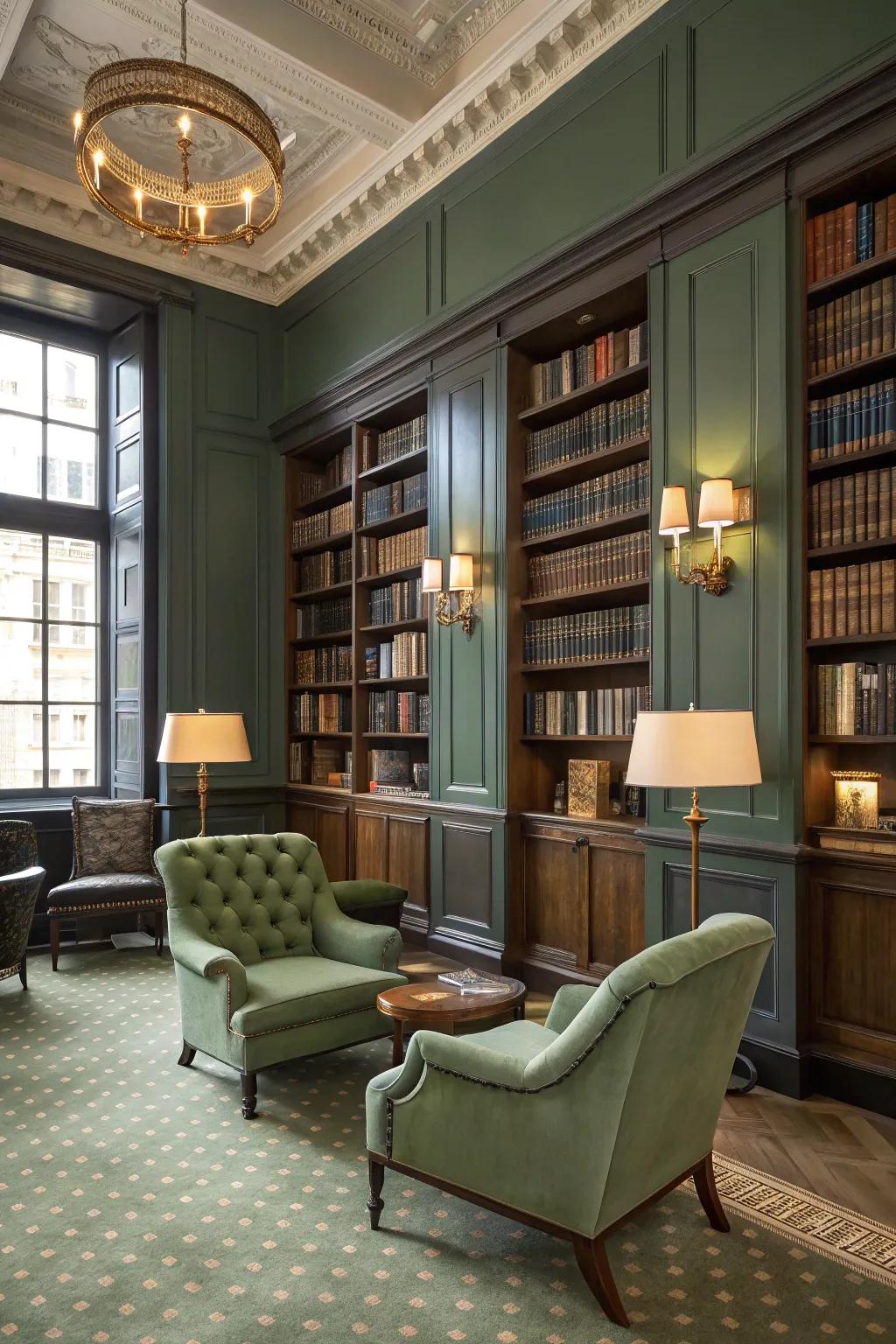 A sophisticated library with sage green and navy tones.