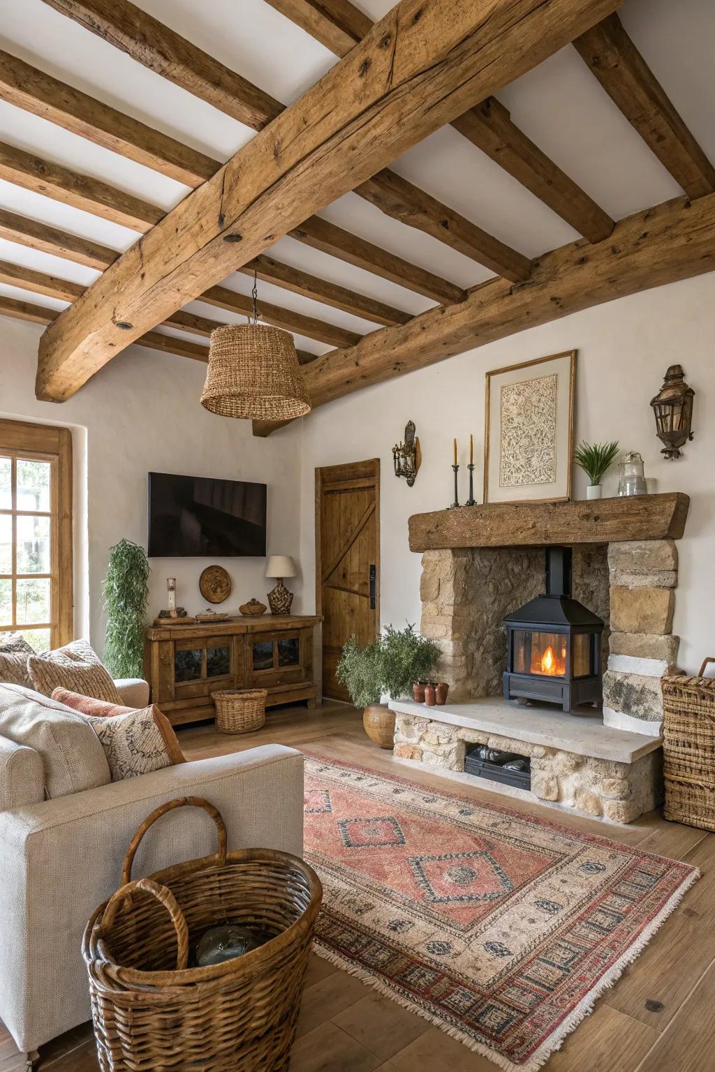 Wood beams add rustic elegance and architectural interest.