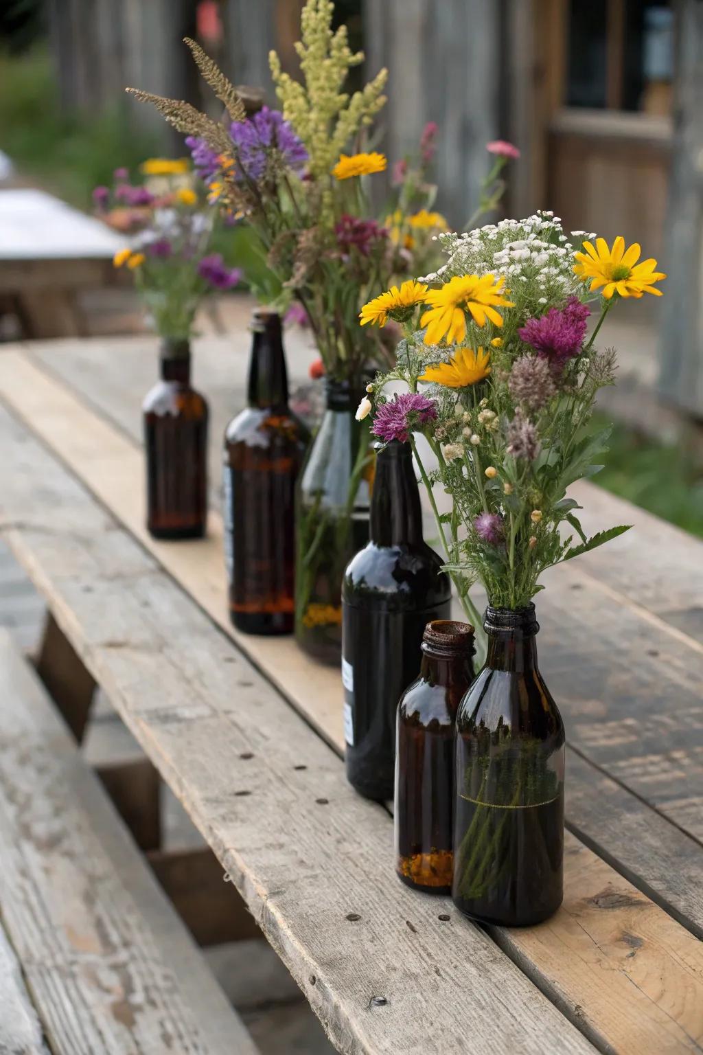 Whiskey bottles repurposed as vases add vintage charm to your decor.