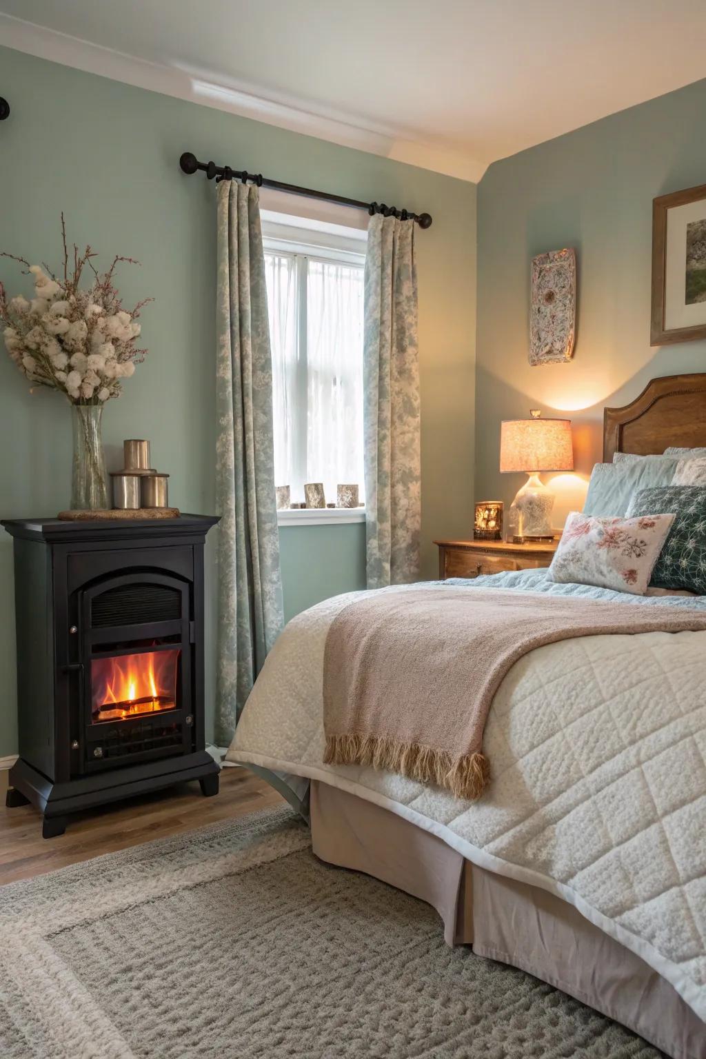 A small fireplace adds warmth and charm to this bedroom.