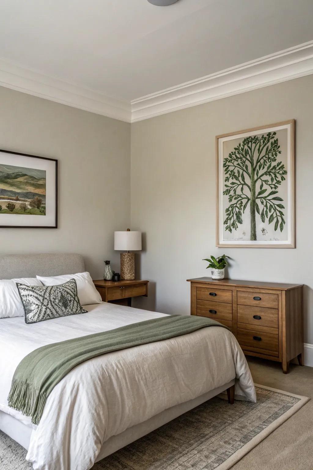 Olive green artwork adds depth and character to the bedroom.