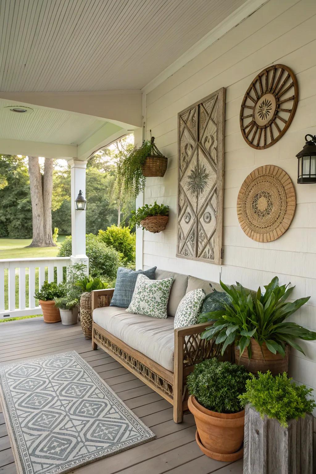 Art adds a personal touch to a porch, enhancing its aesthetic.