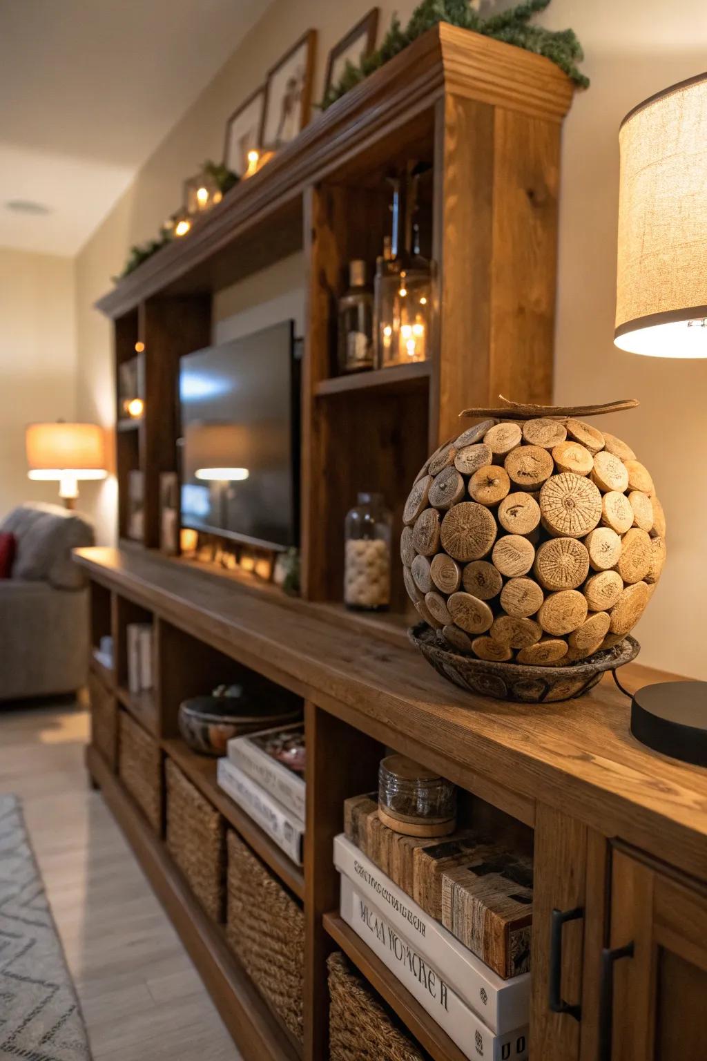 A unique wine cork ball adds a rustic touch to home decor.