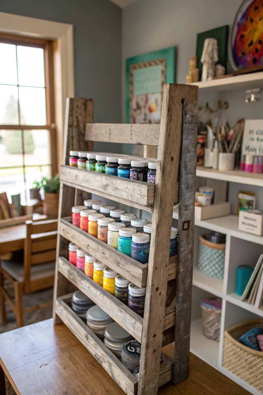 Pallet wood storage rack for a rustic touch.