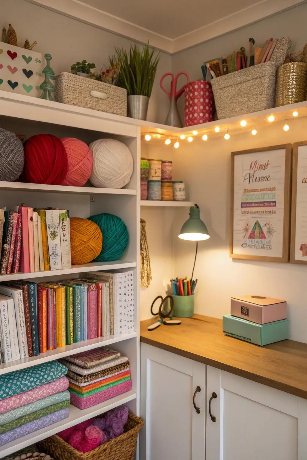 Corner shelves optimize space and add decorative elements.