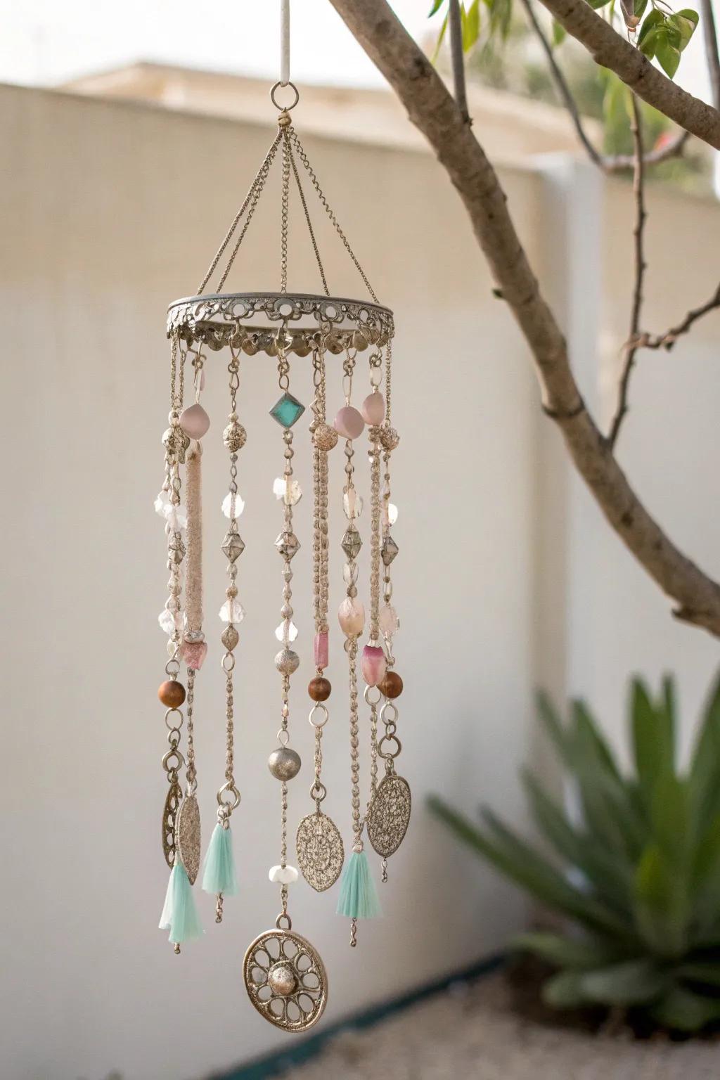 Transform old treasures into enchanting melodies with these elegant recycled jewelry wind chimes.