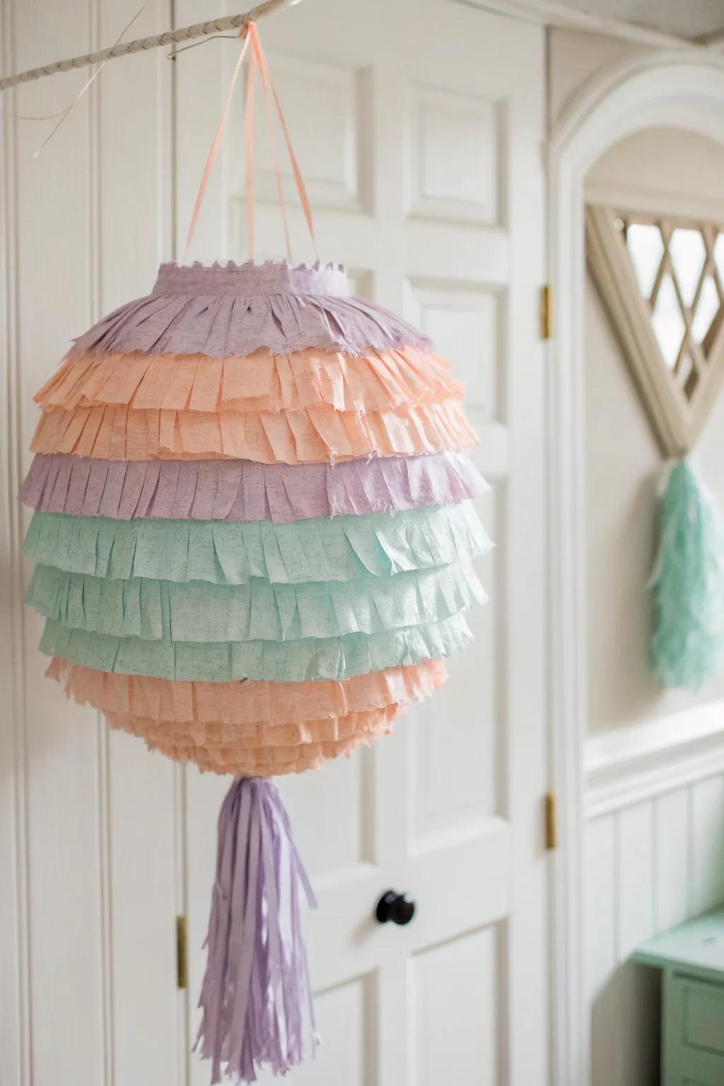 A charming pastel piñata: the perfect playful centerpiece for your next minimalist gathering.