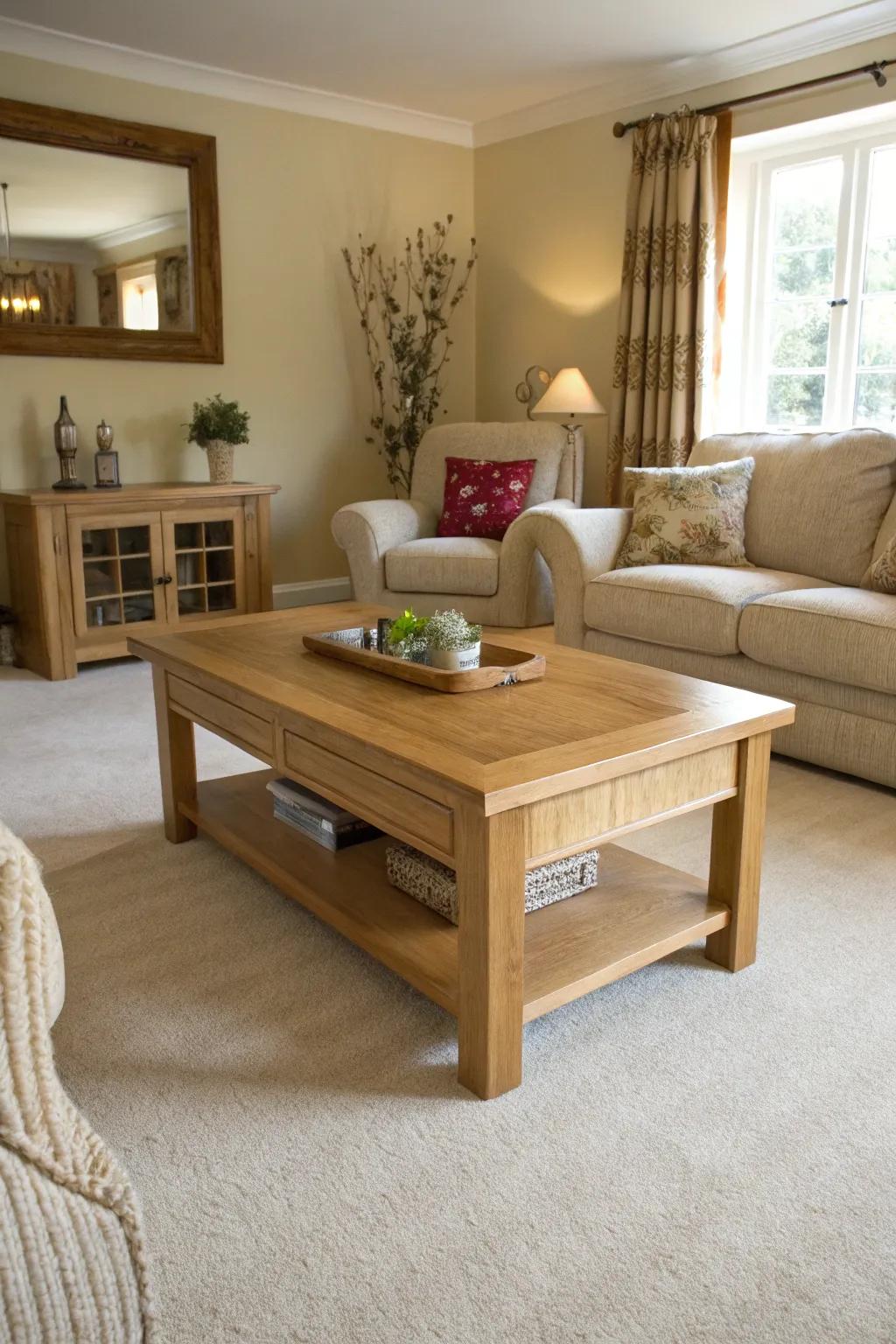 Light wood furniture enhances the airy feel of a cream carpeted room.