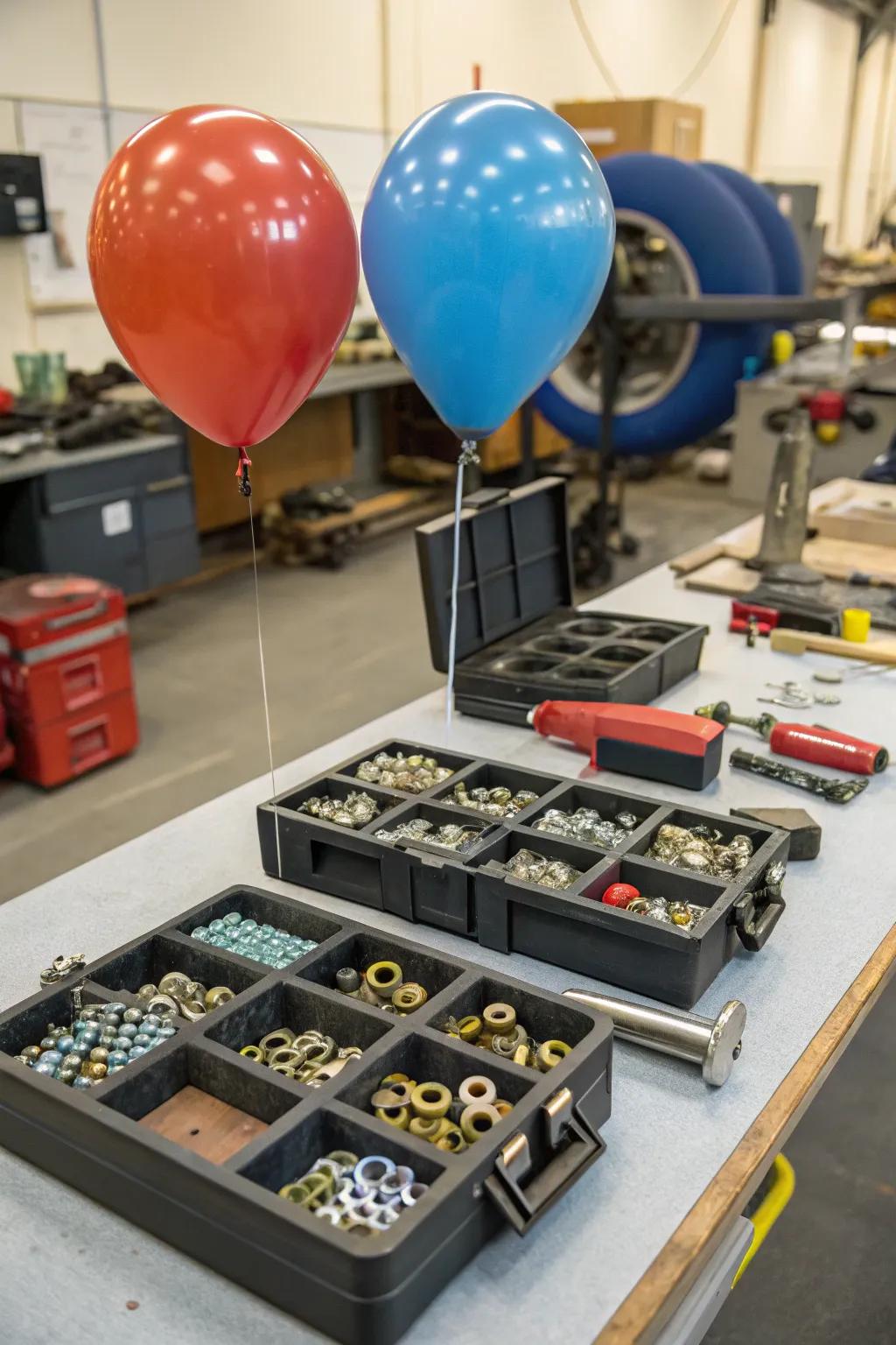 Quirky miniature toolboxes doubling as functional balloon weights.