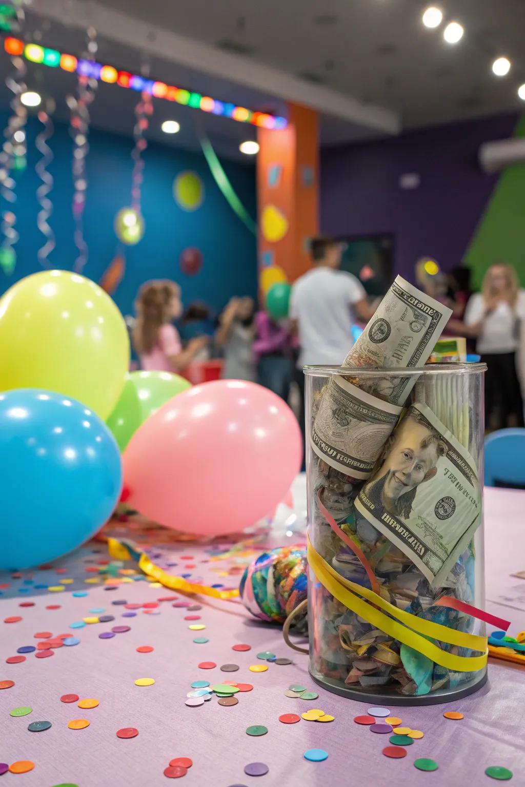 A confetti popper ready to burst with cash and fun.