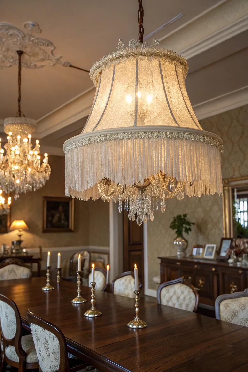 A dining room lamp shade with fringe and crystal accents for added elegance.