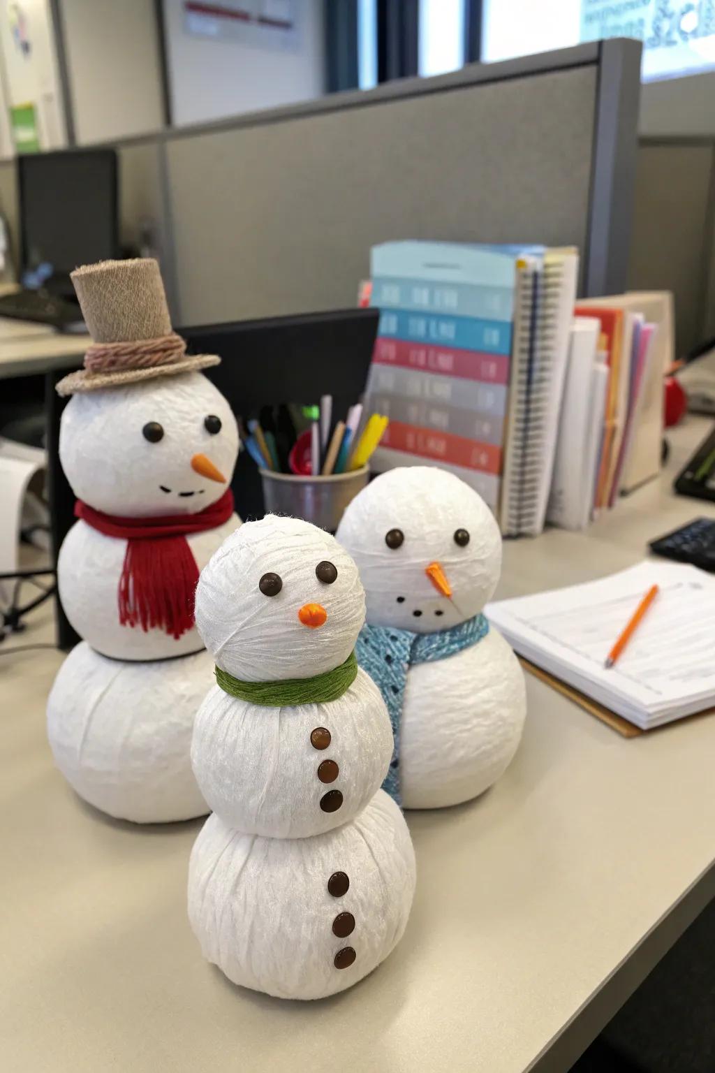 DIY snowmen bring a touch of winter whimsy to your office decor.