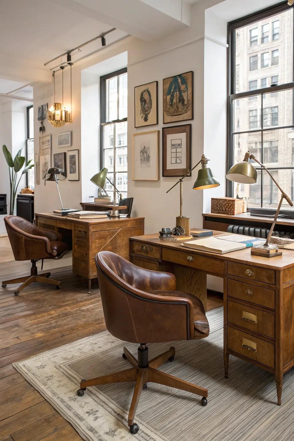 Vintage finds add character and history to this modern office setup.