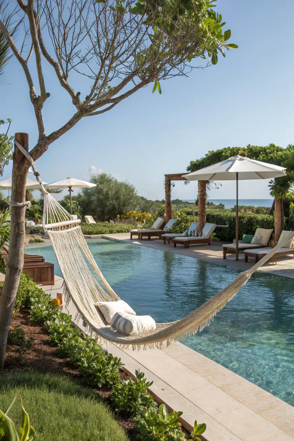 A poolside hammock setup that provides a refreshing escape during hot summer days.