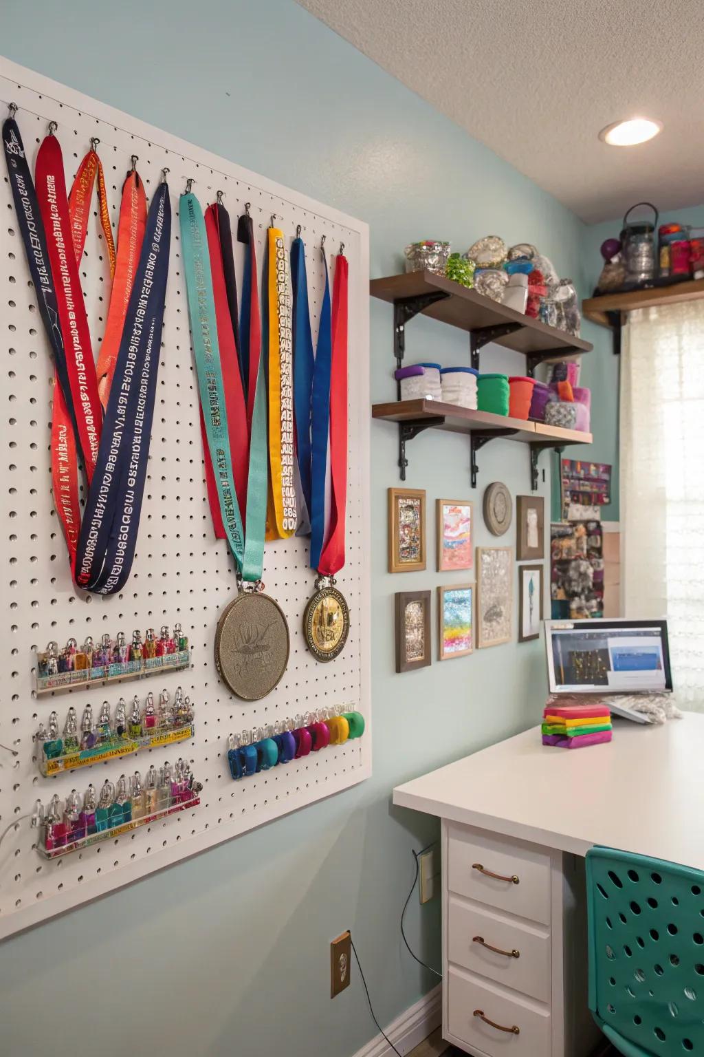 A pegboard offers a customizable and modern display for medals.