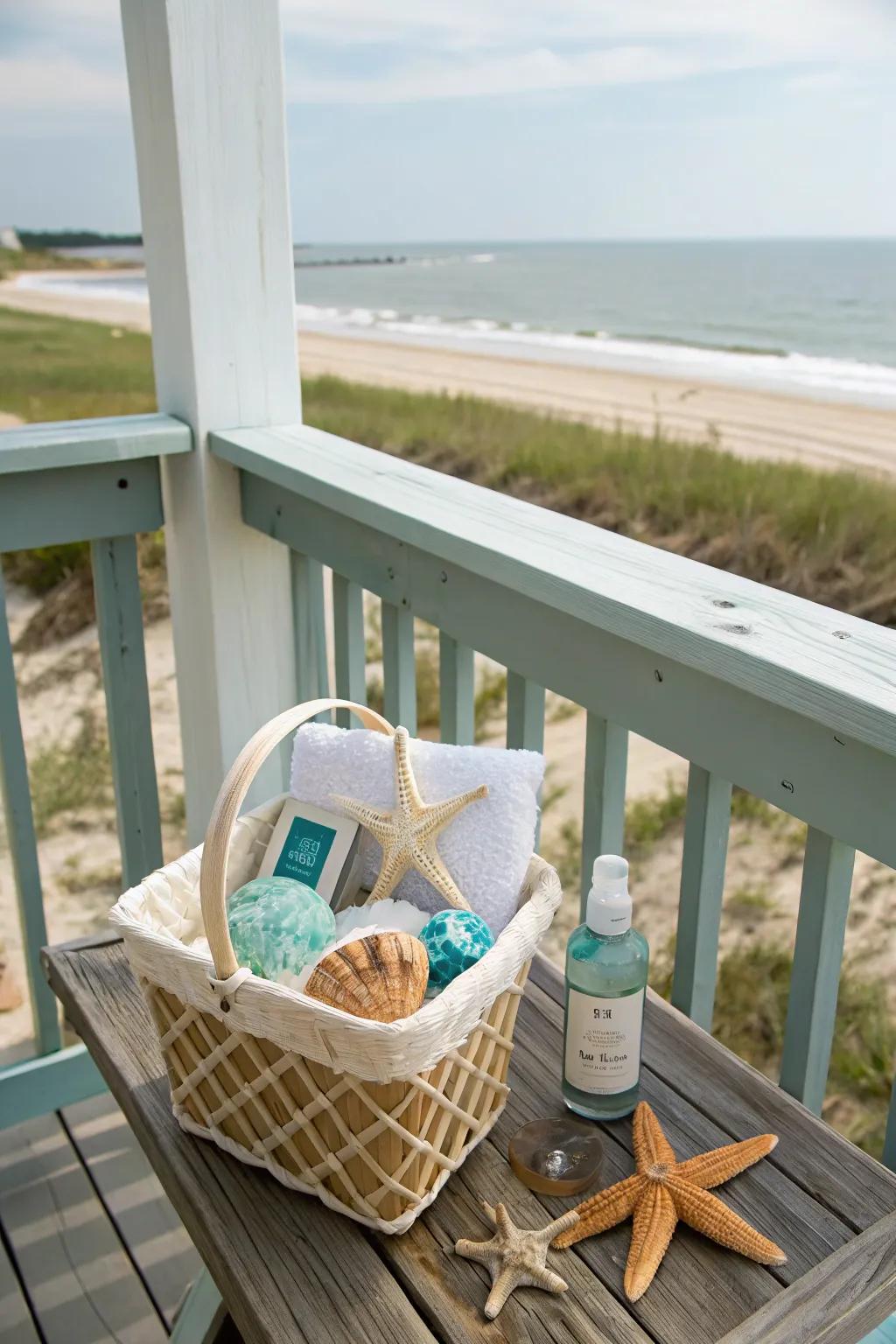 A beachy gift basket adorned with seashells.