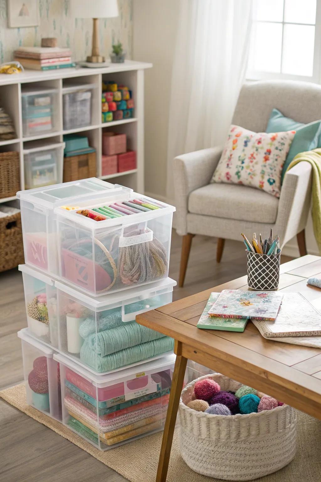 Clear storage boxes allow easy viewing of contents at a glance.