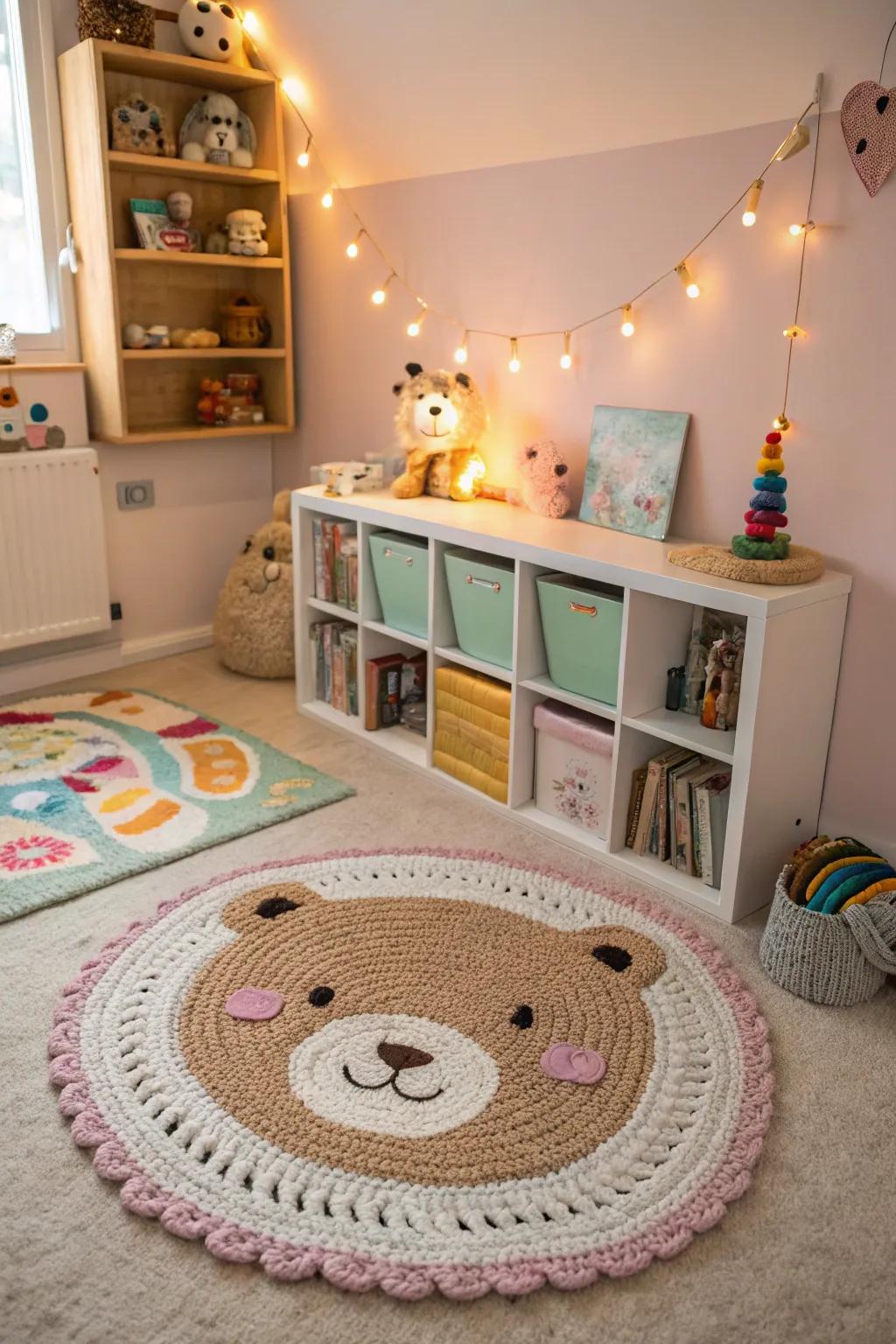 A cozy children's room with a bear-shaped crochet rug.