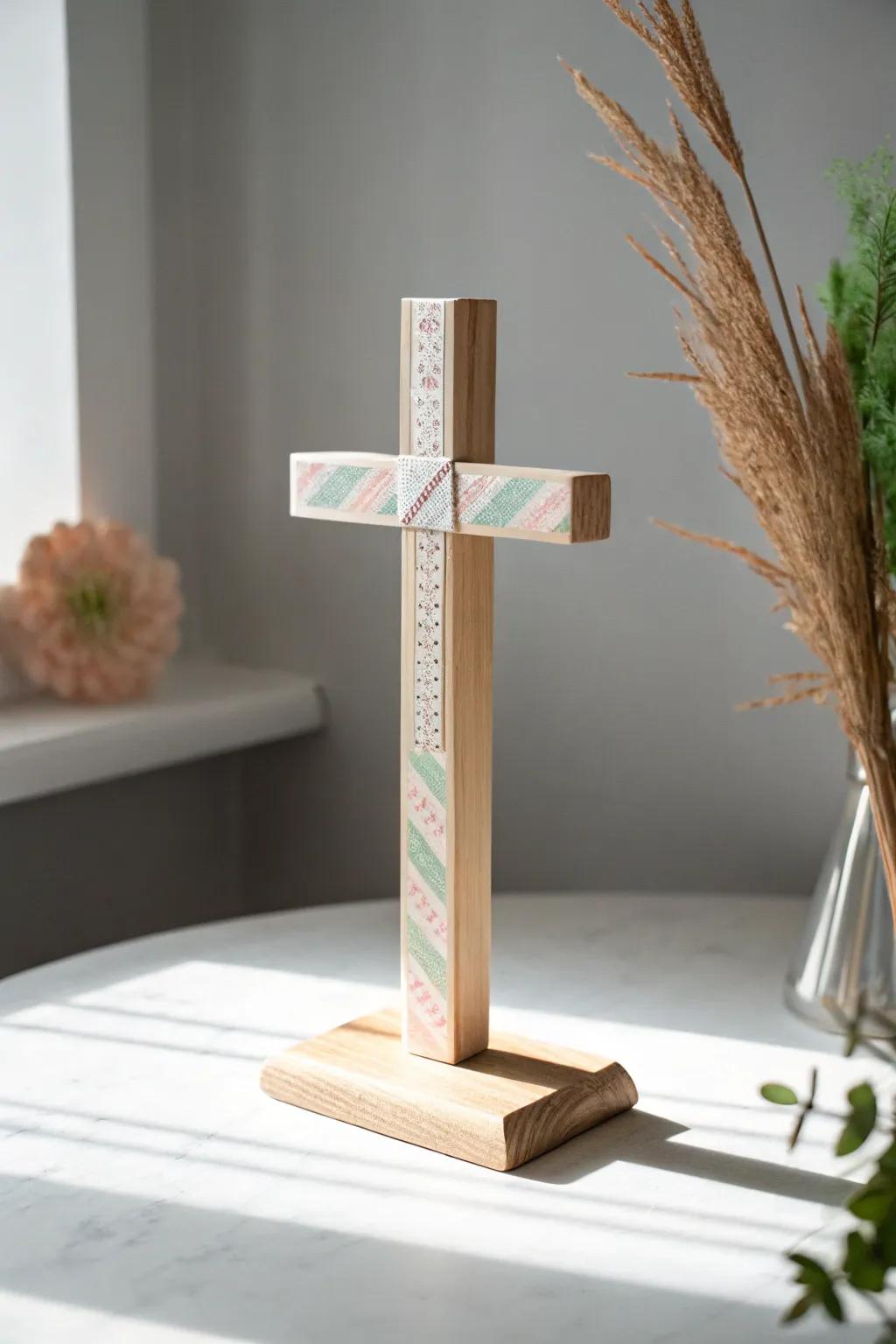 Elevate your decor with a washi tape cross—where minimalist design meets playful elegance.