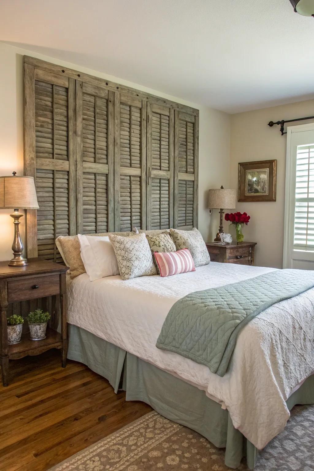 Paneled shutters bring vintage charm to headboards.